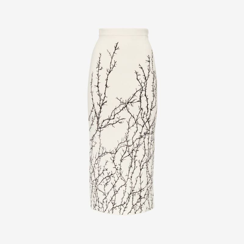 Alexander McQueen Women's White Thorn Branches Pencil Skirt - XL (Viscose, Polyester, Polyamide & Elastan)